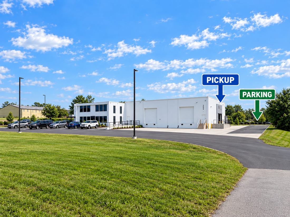 The Dry Ice Kentucky pickup entrance at 3004 Park Central Ave, Suite B, Nicholasville, KY 40356,
                  showing where to park and which door to use